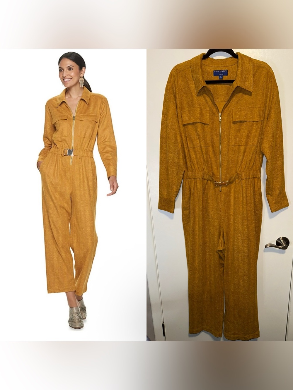 Cara Santana x Apt. 9 Faux Suede Mustard Zip-Front Utility Jumpsuit